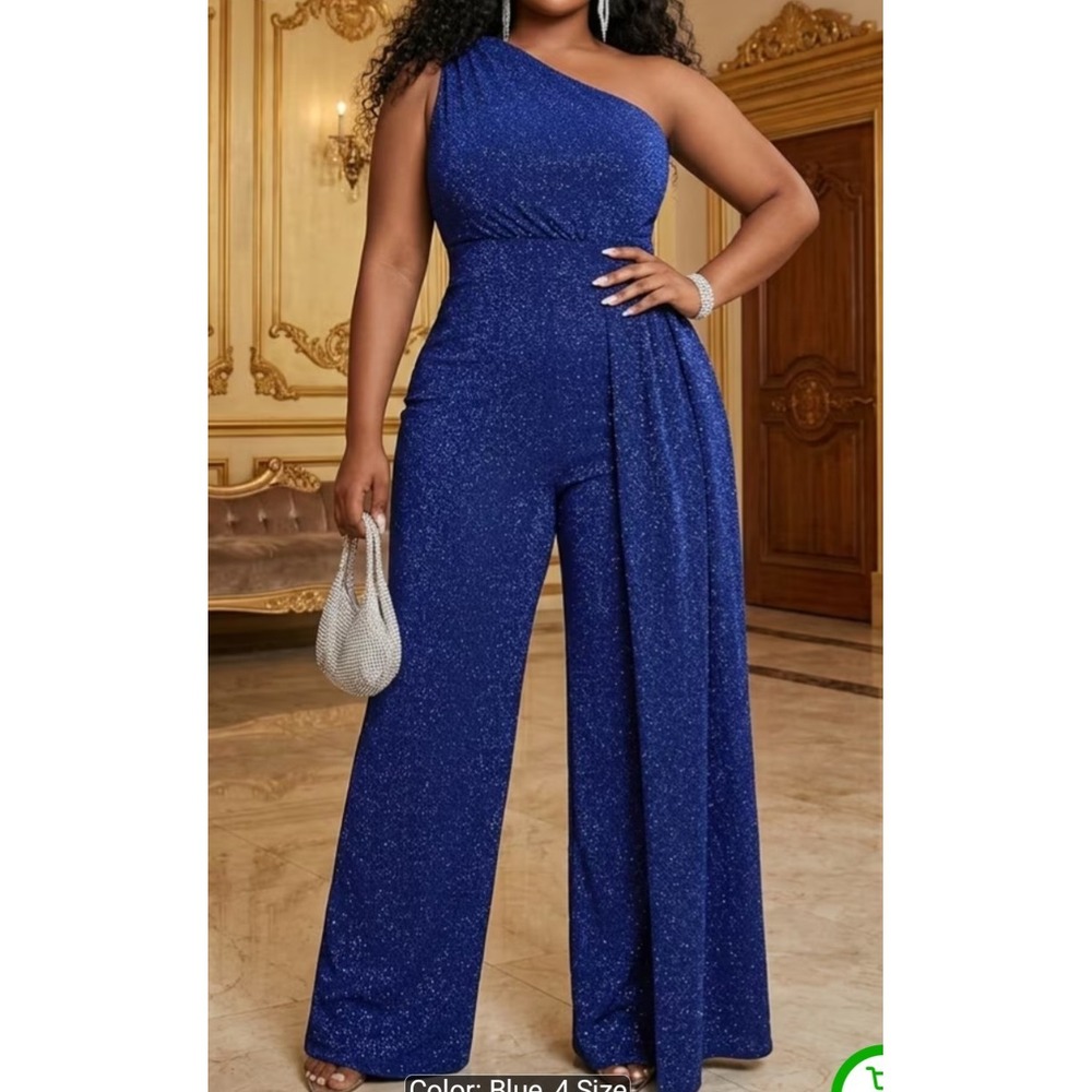 Women's Sparkly Blue One Shoulder long sleeve Wide Leg Wrap Jumpsuit Size 3XL